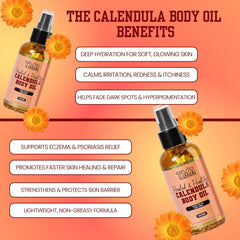 The Mane Attraction TMA Calendula Body Oil 4oz – Organic Calendula Infused Oil with Sunflower Almond Grapeseed & Jojoba – Soothing Body Oil for Sensitive Skin Redness Dryness and Discoloration