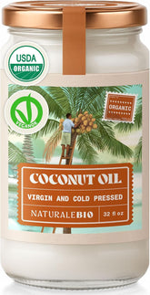 NaturaleBio Organic Virgin Coconut Oil 32 fl oz Raw Cold Pressed for Skin, Hair, Moisturizer, Massage, Body, Hand, Cream, Vegan Butter Alternative, Ideal Lotion, Perfect Care