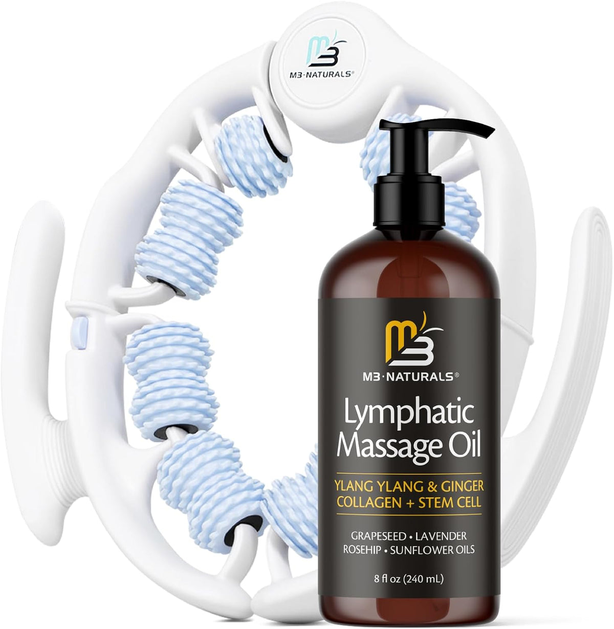 Lymphatic Massage Oil & Roller Kit for Massage Therapy - Ylang Ylang & Ginger Lymphatic Drainage Oil & Massager for Circulation & Detox Support, Non-Greasy Formula & Easy to Use Roller (8 Fl Oz) by M3