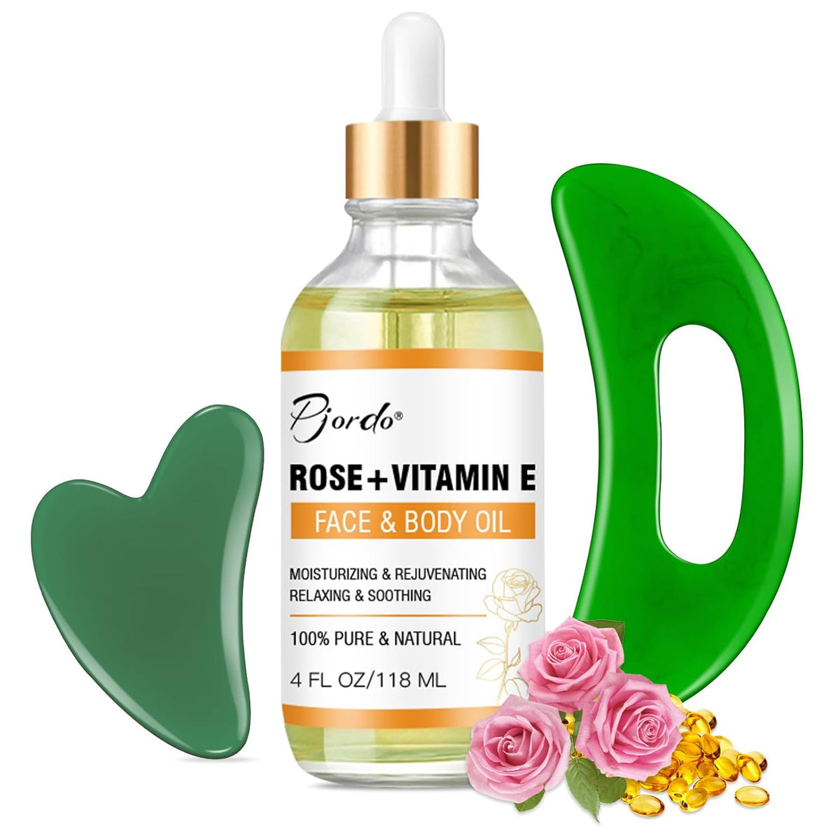 Pjordo Face & Body Vitamin E Bio Oil, Gua Sha Facial Tools Set 4 oz, Massage Oil for Moisturizing and Hydrating, Spa Gifts for Him Her