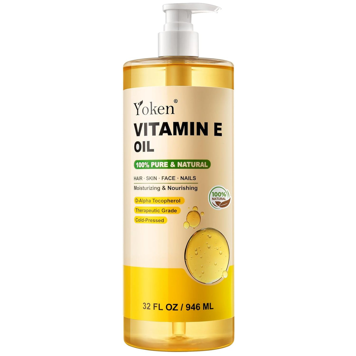 Yoken Vitamin E Oil 32 Fl Oz Vitamin E oil for Skin Bulk Vitamine oils for Face Perfect DIY Bath and Body Oil Cold Pressed Hexane Free Non-GMO Gluten Free Formula