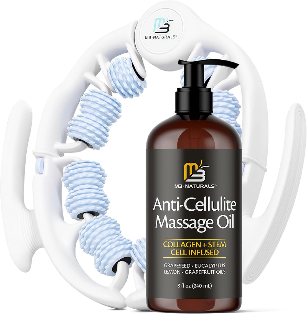 Anti Cellulite Oil and Lymphatic Drainage Massager Kit | Fascia Blaster for Contoured & Smoother Skin | Muscle Roller for Sore Arms, Legs, and Stomach, 8 fl oz by M3