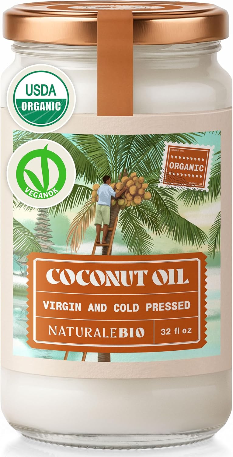 NaturaleBio Organic Virgin Coconut Oil 32 fl oz Raw Cold Pressed for Skin, Hair, Moisturizer, Massage, Body, Hand, Cream, Vegan Butter Alternative, Ideal Lotion, Perfect Care
