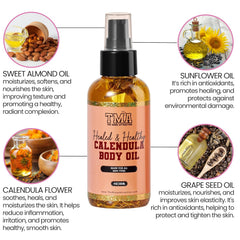 The Mane Attraction TMA Calendula Body Oil 4oz – Organic Calendula Infused Oil with Sunflower Almond Grapeseed & Jojoba – Soothing Body Oil for Sensitive Skin Redness Dryness and Discoloration